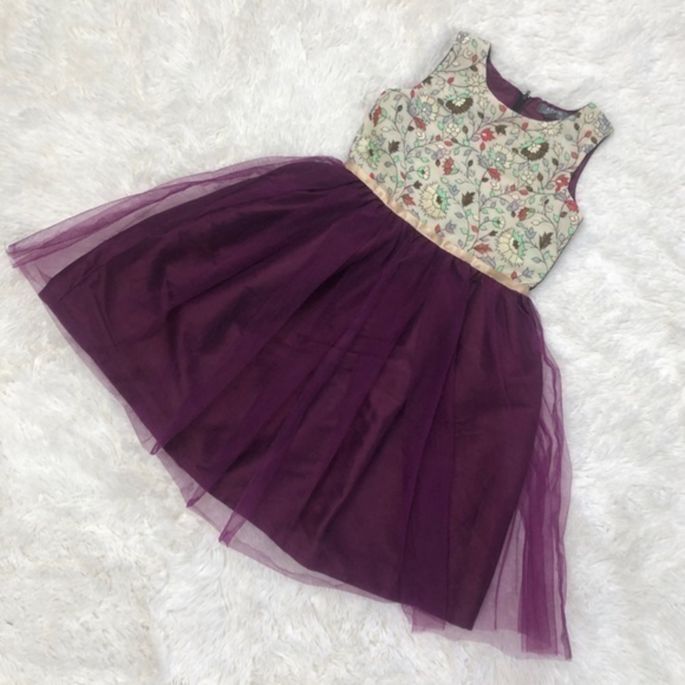 A.T.U.N. Embroidered Ivory Floral Sleeveless Dress w/ Purple Princess Skirt, 6-7